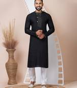 Black Solid Viscose Kurta Set For Men