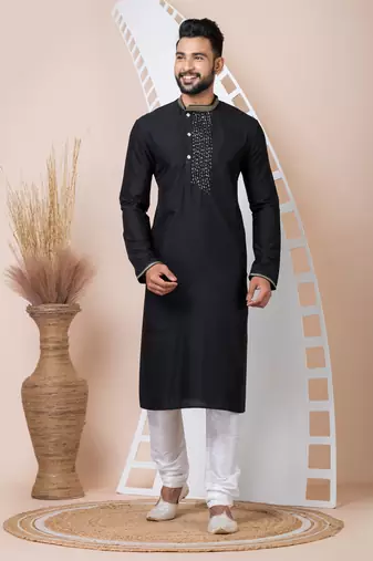 Black Solid Viscose Kurta Set For Men