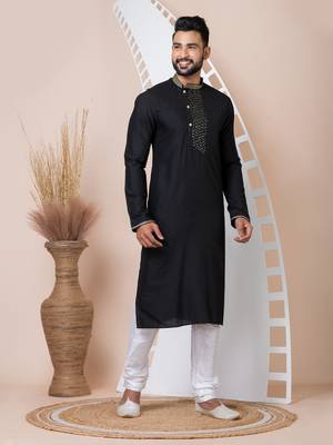 Black Solid Viscose Kurta Set For Men 4