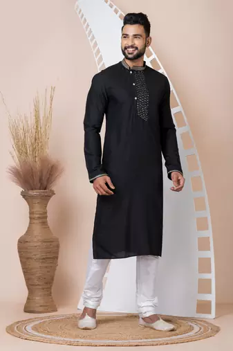 Black Solid Viscose Kurta Set For Men