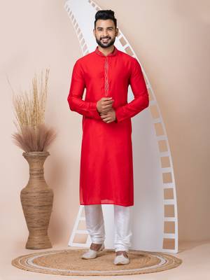Red Solid Viscose Kurta Set For Men 1