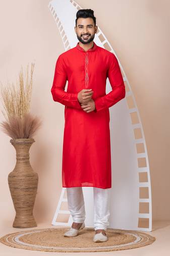 Red Solid Viscose Kurta Set For Men