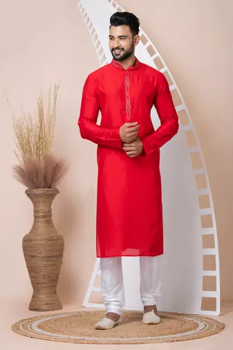 Red Solid Viscose Kurta Set For Men