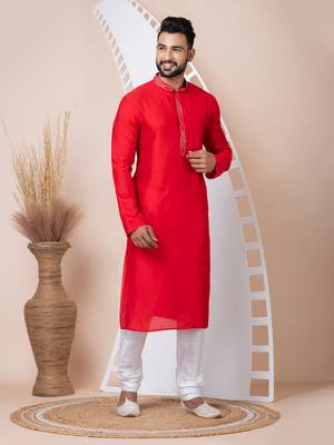 Red Solid Viscose Kurta Set For Men 4
