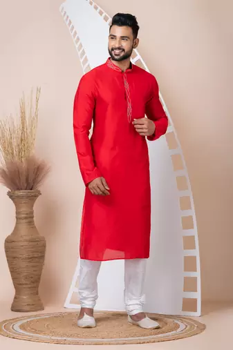 Red Solid Viscose Kurta Set For Men