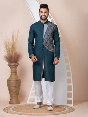 Green Solid Cotton Kurta Set For Men 1