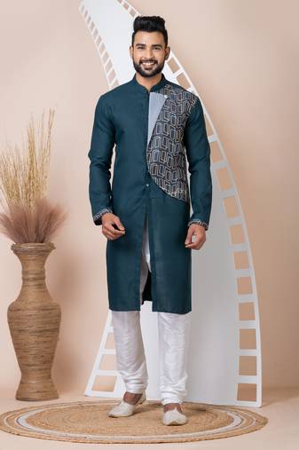 Green Solid Cotton Kurta Set For Men