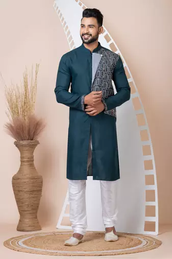 Green Solid Cotton Kurta Set For Men