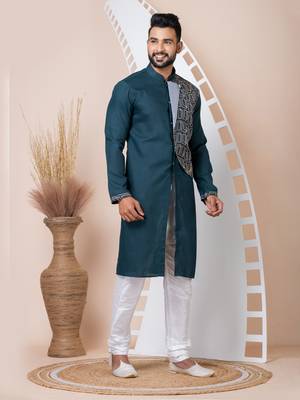Green Solid Cotton Kurta Set For Men 4