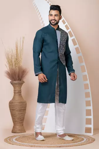 Green Solid Cotton Kurta Set For Men