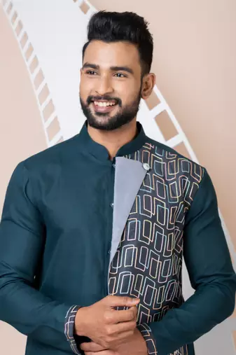 Green Solid Cotton Kurta Set For Men