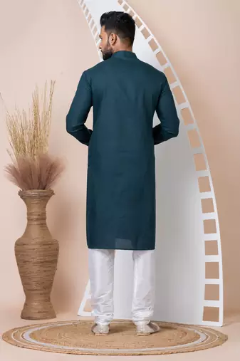 Green Solid Cotton Kurta Set For Men