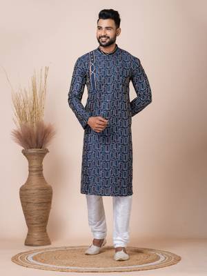 Blue Solid Blended Cotton Kurta Set For Men 1