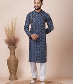 Blue Solid Blended Cotton Kurta Set For Men