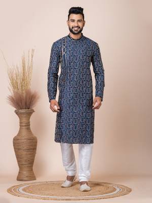 Blue Solid Blended Cotton Kurta Set For Men 2