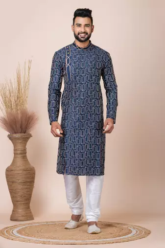 Blue Solid Blended Cotton Kurta Set For Men