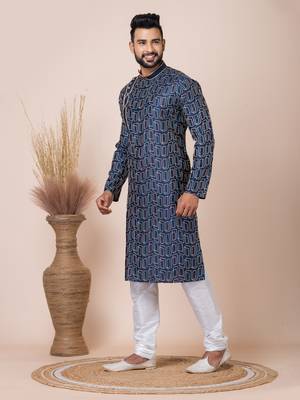 Blue Solid Blended Cotton Kurta Set For Men 3