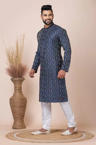 Blue Solid Blended Cotton Kurta Set For Men