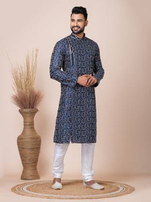 Blue Solid Blended Cotton Kurta Set For Men 4