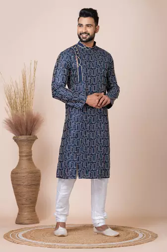 Blue Solid Blended Cotton Kurta Set For Men