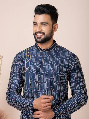 Blue Solid Blended Cotton Kurta Set For Men 5