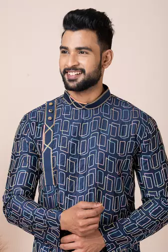 Blue Solid Blended Cotton Kurta Set For Men