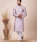 Peach Solid Jacquard Kurta Set For Men