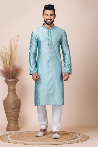 Green Solid Jacquard Kurta Set For Men