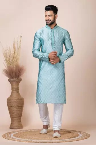 Green Solid Jacquard Kurta Set For Men