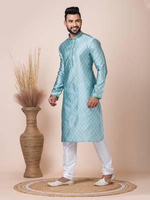 Green Solid Jacquard Kurta Set For Men 3