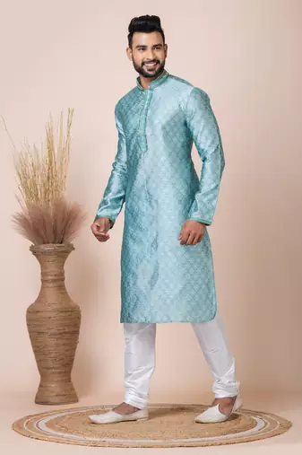 Green Solid Jacquard Kurta Set For Men