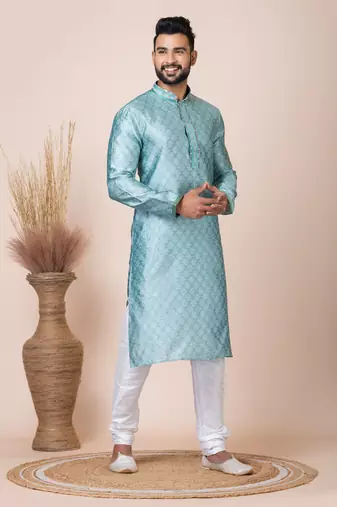Green Solid Jacquard Kurta Set For Men