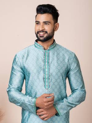 Green Solid Jacquard Kurta Set For Men 5