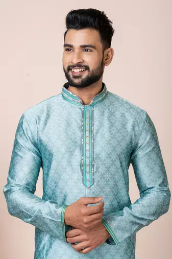 Green Solid Jacquard Kurta Set For Men