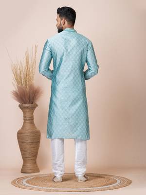 Green Solid Jacquard Kurta Set For Men 6