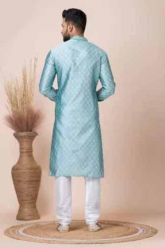 Green Solid Jacquard Kurta Set For Men