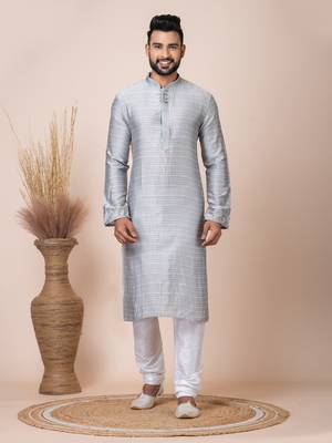 Grey Solid Jacquard Kurta Set For Men 1