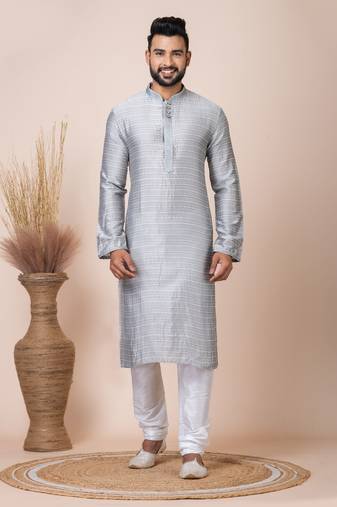 Grey Solid Jacquard Kurta Set For Men