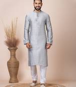 Grey Solid Jacquard Kurta Set For Men
