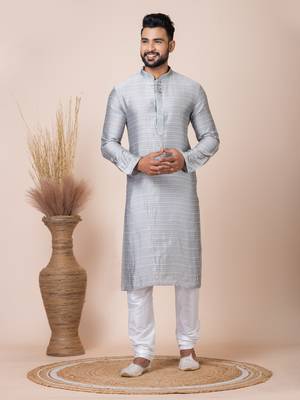 Grey Solid Jacquard Kurta Set For Men 2
