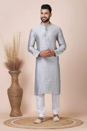 Grey Solid Jacquard Kurta Set For Men