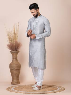 Grey Solid Jacquard Kurta Set For Men 3
