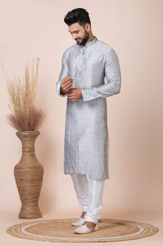 Grey Solid Jacquard Kurta Set For Men