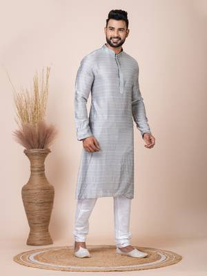 Grey Solid Jacquard Kurta Set For Men 4