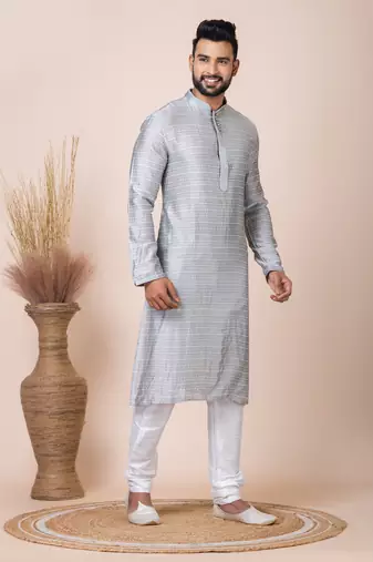 Grey Solid Jacquard Kurta Set For Men