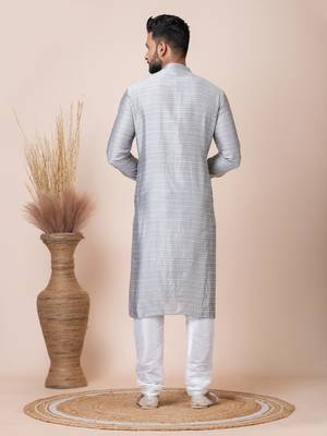 Grey Solid Jacquard Kurta Set For Men 5