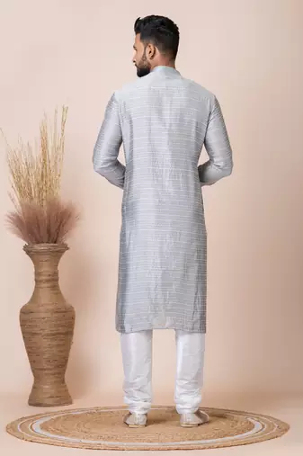 Grey Solid Jacquard Kurta Set For Men