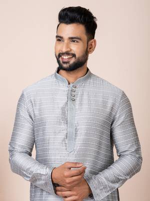 Grey Solid Jacquard Kurta Set For Men 6