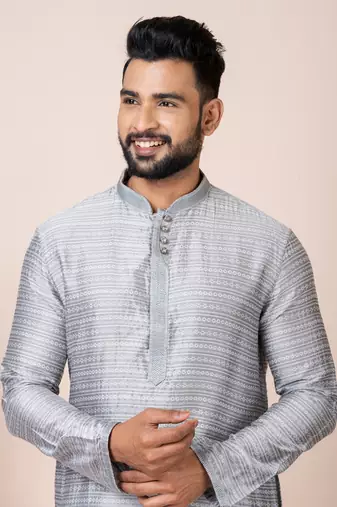 Grey Solid Jacquard Kurta Set For Men