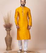 Yellow Solid Jacquard Kurta Set For Men